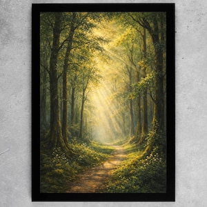 May include: A framed print of a forest scene, with sunlight breaking through the trees. The artwork shows a path winding through the woods, with a colour palette of greens, browns, and golden light, creating a peaceful atmosphere.