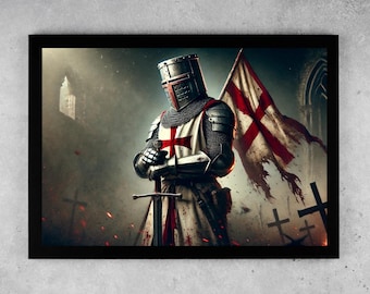 Medieval Knight Download | English Crusader With Sword And Flag | Digital Wall Art Poster Print For Man Cave, Gaming Room, Castle Decor