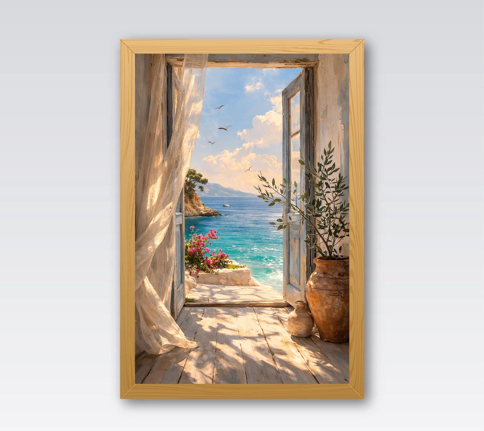 Mediterranean Terrace Sea View Wall Art Print Poster Print Framed ...