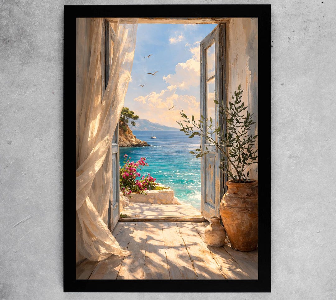 Mediterranean Terrace Sea View Wall Art Print Poster Print Framed ...