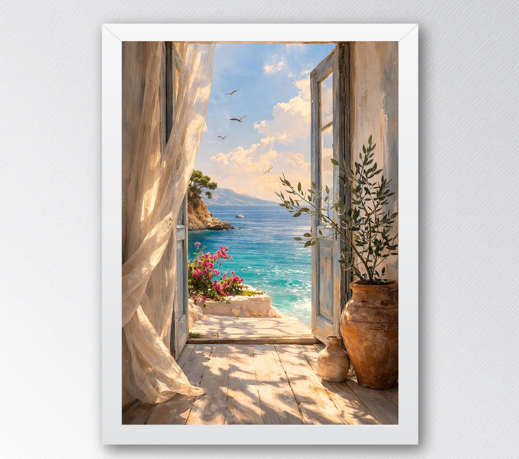 Mediterranean Terrace Sea View Wall Art Print Poster Print Framed ...