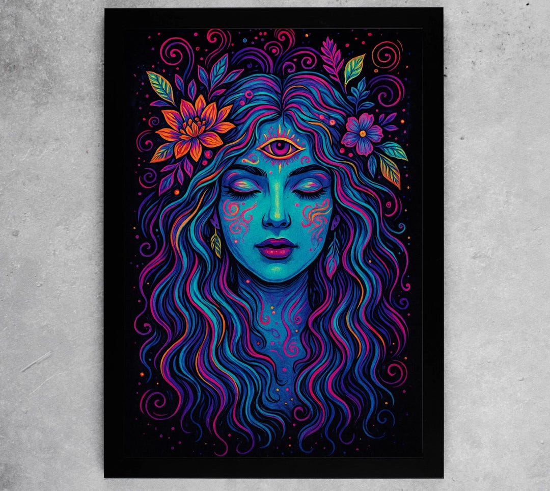Trippy Psychedelic Woman Boho Third Eye Neon Poster Print Framed Canvas ...