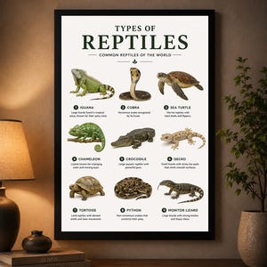 May include: A framed educational poster titled Types of Reptiles, featuring nine numbered illustrations of reptiles including an iguana, cobra, sea turtle, chameleon, crocodile, gecko, tortoise, python, and monitor lizard with descriptive text.