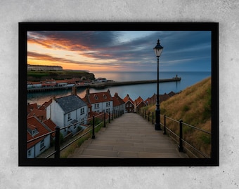 Whitby Harbour 199 Steps Sunset Download | Coastal Yorkshire Landscape Digital Print | Seaside View Wall Art for Poster or Canvas