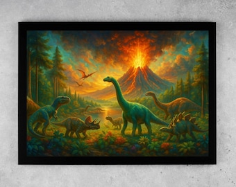 May include: Framed art print depicting a prehistoric scene. The artwork shows various dinosaurs in a colourful landscape with a volcano erupting. The dinosaurs are in shades of green, brown, and blue, set against a fiery sky.