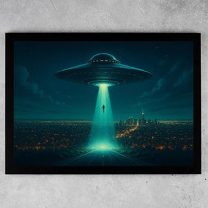 May include: A framed art print shows a night cityscape beneath a dark blue sky. A large, metallic UFO hovers above, projecting a bright green beam that captures a silhouetted figure. The scene evokes mystery and science fiction, with a futuristic feel.
