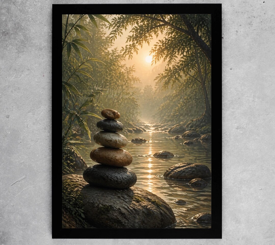 Zen River Stones Wall Art Poster Print Framed Canvas, Peaceful Nature ...
