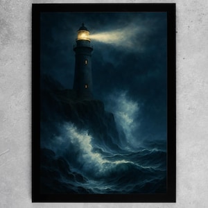 May include: A framed print of a lighthouse on a cliff during a storm. The lighthouse's beam cuts through the dark sky, illuminating the rough sea. The artwork is predominantly blue and grey, creating a dramatic scene.