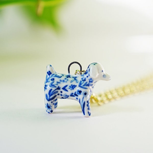Ceramic Dog Pendant Necklace, Hand Painted Porcelain Charm, Elegant Dog Charm, Cottage Core Jewelry, Blue and White Ceramic Porcelain