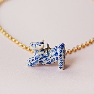 Ceramic Dog Pendant Necklace, Hand Painted Porcelain Charm, Stretching Dog Charm, Cottage Core Jewelry, Blue and White Ceramic Porcelain