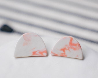 Pink and White Marbled Porcelain Earrings, Ceramic Pastel Studs, Handmade Jewelry, Asymmetrical Earrings, Pastel Studs, Nerikomi Ceramics