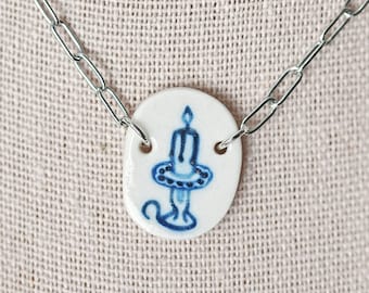 Candlestick Charm Necklace, Blue and White Modern Jewelry, Hand Painted Necklace, Porcelain Ceramic Jewelry, Paperclip Stainless Steel Chain