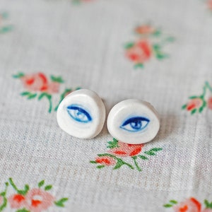 Mini Seeing Eye Studs, Ceramic Stud Earrings, Porcelain Eye Earrings, Illustrated Jewelry, Blue and White, Mini Eye, Brooklyn Ceramics