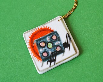 Ceramic Dining Table Painted Pendant, Hand Painted Pendant, Mini Painting Jewelry, Ceramic Pendant, Tiny Painting Necklace, Dining Charm