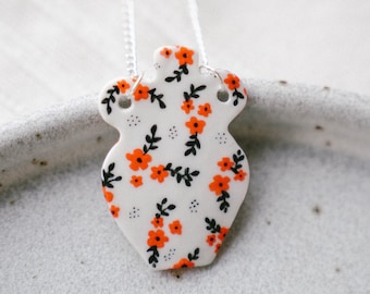 Floral Ceramic Vase Necklace, Porcelain Flower Pendant, Orange and Black Cherry Blossom, Ceramic Vase Necklace, Elegant Modern Jewelry