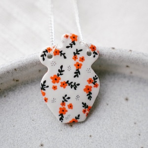 Floral Ceramic Vase Necklace, Porcelain Flower Pendant, Orange and Black Cherry Blossom, Ceramic Vase Necklace, Elegant Modern Jewelry image 1