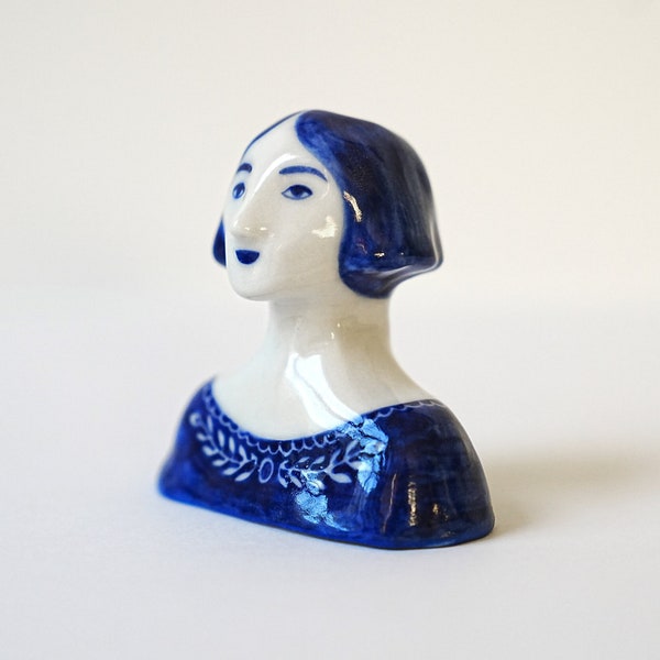 Ceramic Art People Figure, Porcelain Person Sculpture, Blue and White Ceramic, Friendship Gift, Cute Figurine Bust, Handmade Sculpture
