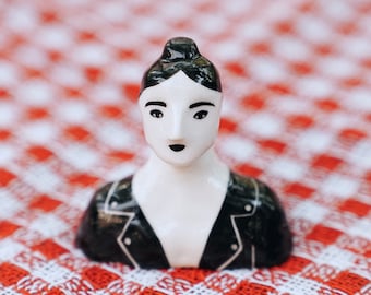 Ceramic Art People Figure, Punk Girl Porcelain Person Sculpture, Home Decor, Friendship Gift, Cute Figurine Bust, Black and White Sculpture