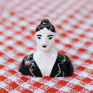 Ceramic Art People Figure, Punk Girl Porcelain Person Sculpture, Home Decor, Friendship Gift, Cute Figurine Bust, Black and White Sculpture