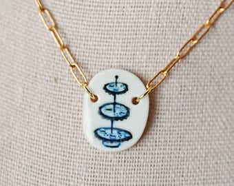 Dessert Plate Pendant Necklace, Blue and White Modern Jewelry, Hand Painted Necklace, Porcelain Ceramic Jewelry, Paperclip Gold Chain