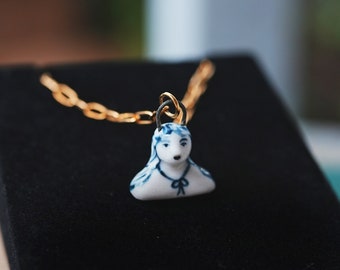 Blue and White Ceramics, Mini Person Bust Charm Necklace, Person Pendant, Mother's Day, Hand Painted Ceramic Necklace, Hand Painted Charm