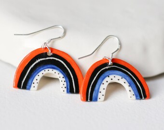 Rainbow Ceramic Earrings, Hand Painted Jewelry, Bright and Joyful, Unique Accessory, Colorful Lightweight Earrings, Red White and Blue Gift