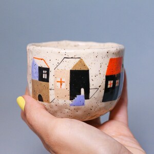 Hand Painted Ceramic Cup, Speckled Ceramic Pottery, Stoneware, Unique Home Decor, Houses Illustration, Brooklyn Ceramics, Geometric Design