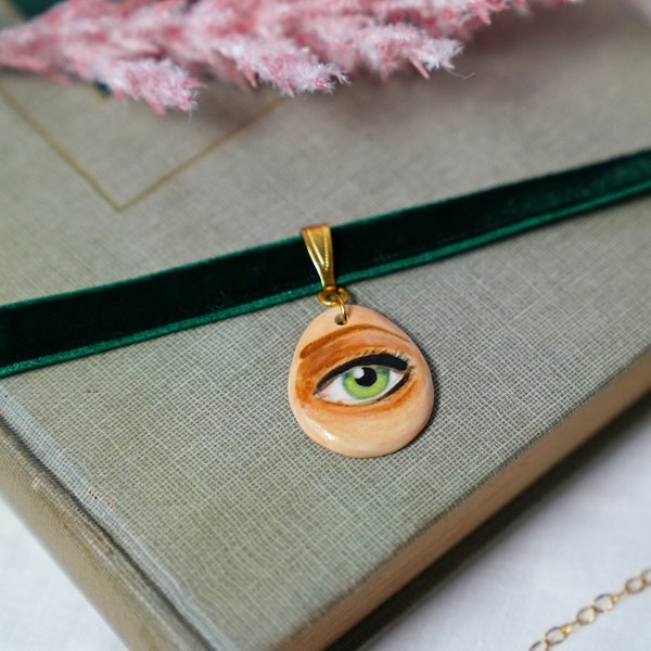 Lovers Eye Ceramic Necklace, Handmade Pendant, Romantic Eye Necklace, Cottagecore Jewelry, Adjustable Velvet Choker, Green Eye Jewelry