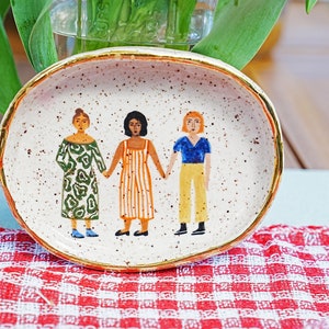 Love and Friendship Ceramic Dish, 24k Gold Luster, Feminist Gift, Decorative Dish, Hand Painted Ceramics, Colorful Decor, Speckled Ceramics