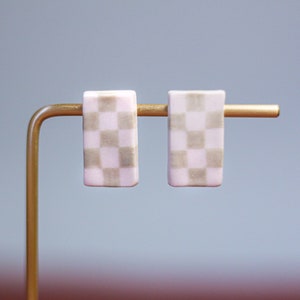 Ceramic Checker Earring Studs, Unique Porcelain, Rectangle Earrings, Illustrated Jewelry, Gray and White, Checker Pattern, Brooklyn Ceramics