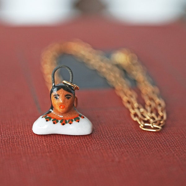 Mini Person Bust Charm Necklace, Person Pendant, Mother's Day Gift, Hand Painted Ceramic Necklace, Hand Painted Porcelain, Aesthetic Jewelry