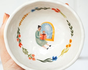 Mother's Love Ceramic Bowl, Mother's Day Gift, Hand Painted Floral Ceramic Dish, Porcelain Folk Decor, Whimsical Pottery, Woman and Child