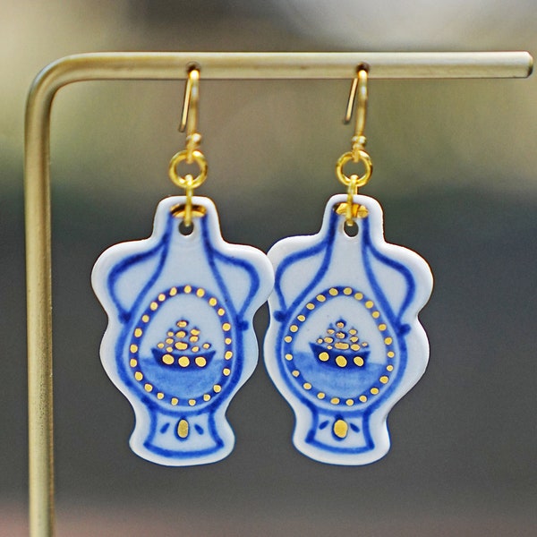 Blue and White Vase Porcelain Earrings, 24k Gold Luster Ceramics, Blue and White Porcelain, Little Ship, Ceramic Gift, Hand Painted Jewelry