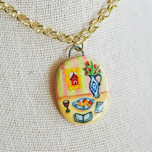 Stilleven keramische bedelketting, miniatuurschilderij bedel, porseleinen hanger ketting, handgemaakte bedelketting, SECONDS SALE