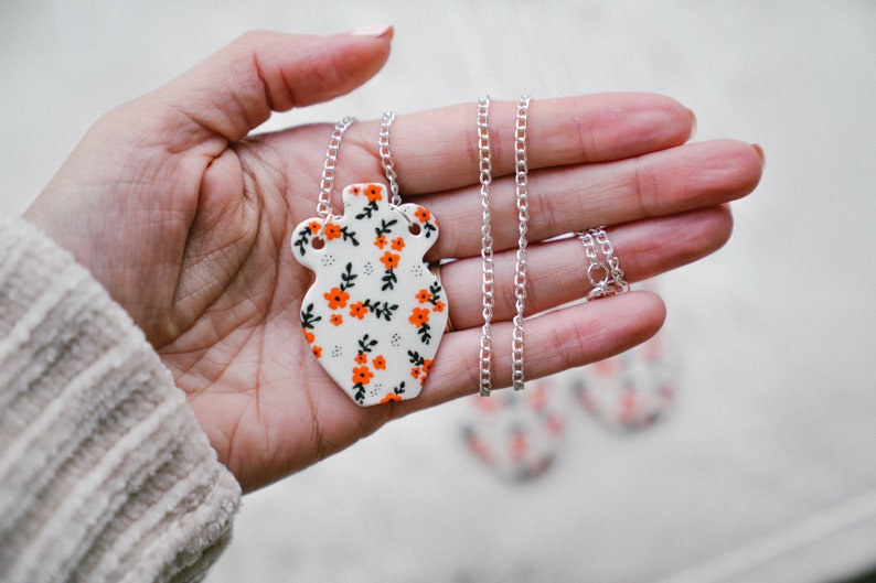 Floral Ceramic Vase Necklace, Porcelain Flower Pendant, Orange and Black Cherry Blossom, Ceramic Vase Necklace, Elegant Modern Jewelry image 10