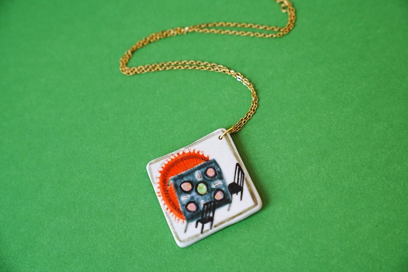 Ceramic Dining Table Painted Pendant, Hand Painted Pendant, Mini Painting Jewelry, Ceramic Pendant, Tiny Painting Necklace, Dining Charm image 1