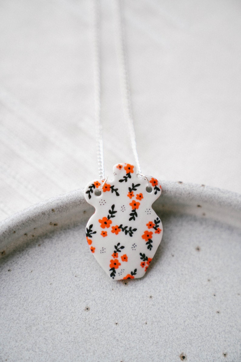 Floral Ceramic Vase Necklace, Porcelain Flower Pendant, Orange and Black Cherry Blossom, Ceramic Vase Necklace, Elegant Modern Jewelry image 1