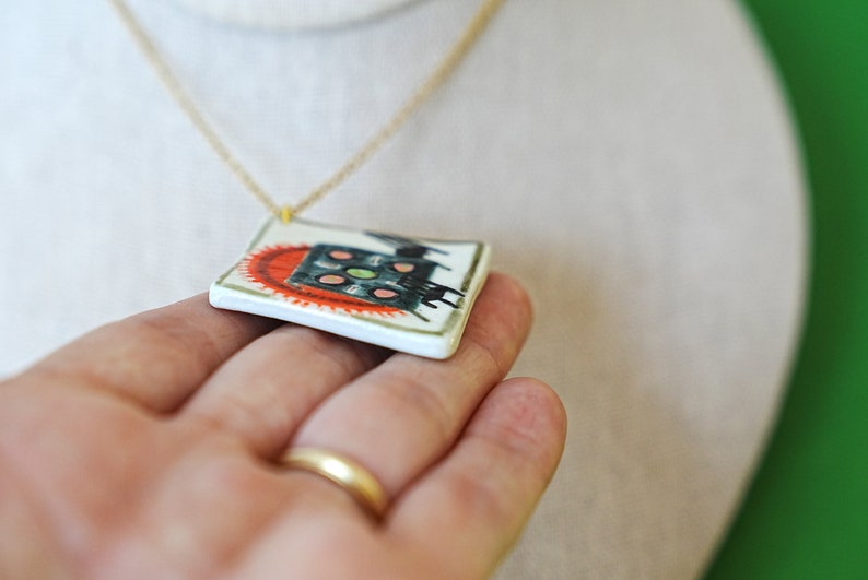 Ceramic Dining Table Painted Pendant, Hand Painted Pendant, Mini Painting Jewelry, Ceramic Pendant, Tiny Painting Necklace, Dining Charm image 5