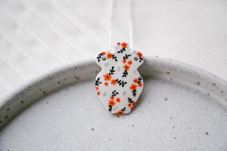 Floral Ceramic Vase Necklace, Porcelain Flower Pendant, Orange and Black Cherry Blossom, Ceramic Vase Necklace, Elegant Modern Jewelry image 3