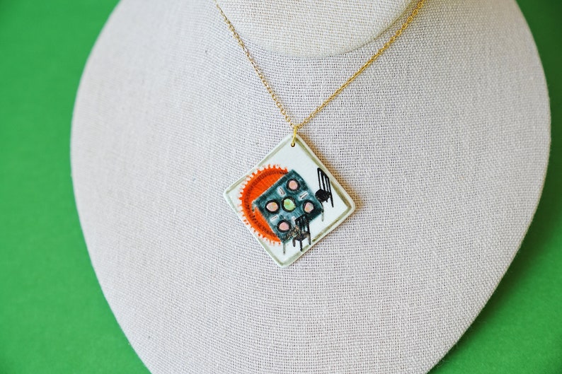 Ceramic Dining Table Painted Pendant, Hand Painted Pendant, Mini Painting Jewelry, Ceramic Pendant, Tiny Painting Necklace, Dining Charm image 2