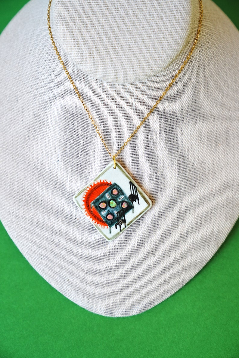 Ceramic Dining Table Painted Pendant, Hand Painted Pendant, Mini Painting Jewelry, Ceramic Pendant, Tiny Painting Necklace, Dining Charm image 6