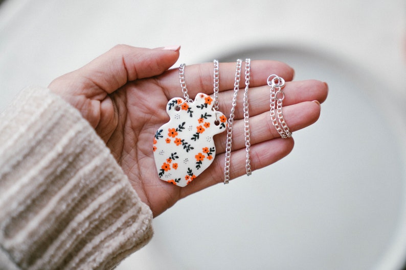 Floral Ceramic Vase Necklace, Porcelain Flower Pendant, Orange and Black Cherry Blossom, Ceramic Vase Necklace, Elegant Modern Jewelry image 2