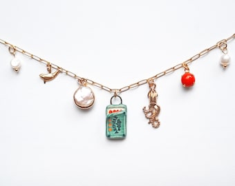 Anchovies Porcelain Charm Necklace, Ceramic Seafood Pendant Necklace, Hand Crafted Charm Necklace, Tinned Fish Charm, Pearl Beads