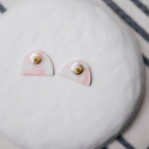 Pink and White Marbled Porcelain Earrings, Ceramic Pastel Studs, Handmade Jewelry, Asymmetrical Earrings, Pastel Studs, Nerikomi Ceramics image 6