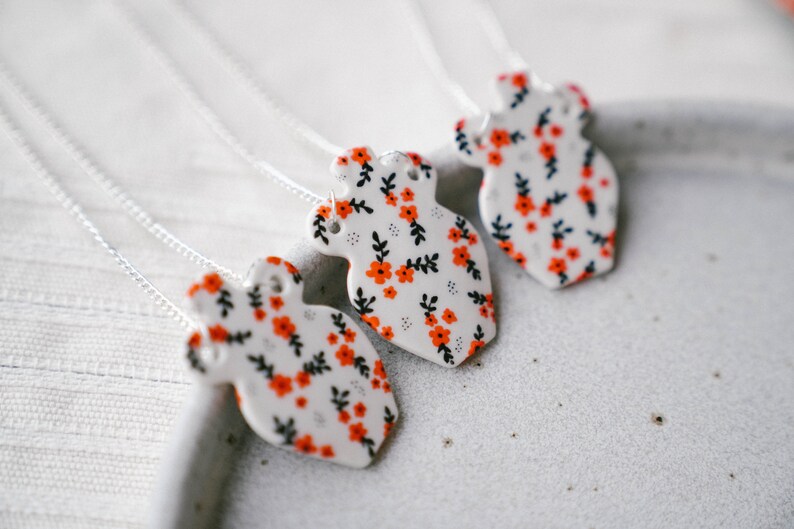 Floral Ceramic Vase Necklace, Porcelain Flower Pendant, Orange and Black Cherry Blossom, Ceramic Vase Necklace, Elegant Modern Jewelry image 5