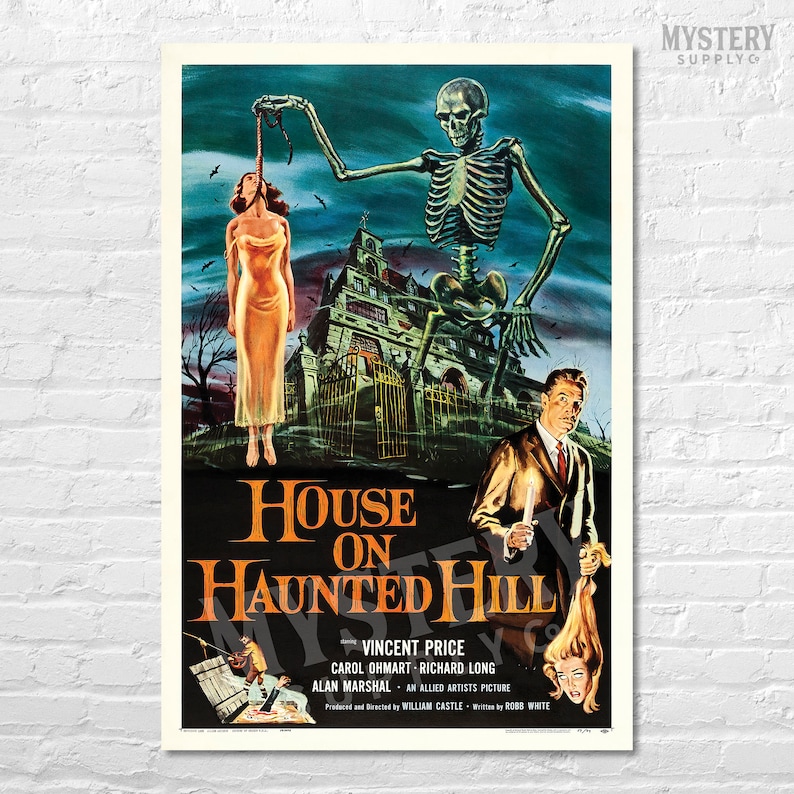 House on Haunted Hill 1959 vintage horror skeleton Vincent Price movie poster reproduction from Mystery Supply Co. @mysterysupplyco