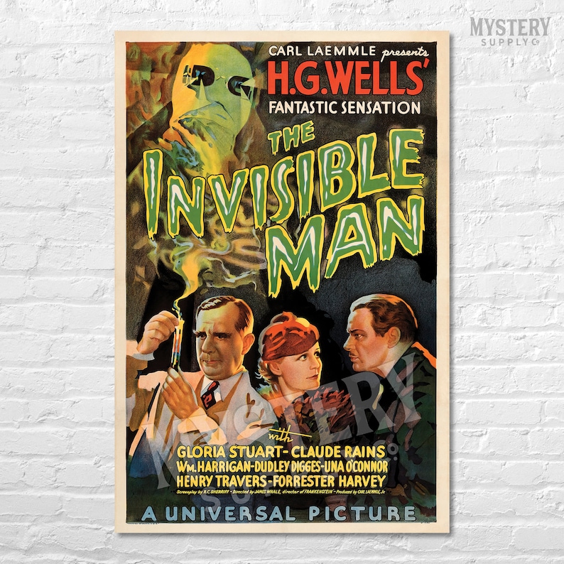 Invisible Man 1933 vintage horror monster H.G. Wells movie poster reproduction from Mystery Supply Co. @mysterysupplyco