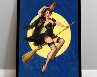 Witch Pinup Girl Lingerie / Wall Decor Art Print / Halloween Decor / Witch Decor / Pinup Art #191