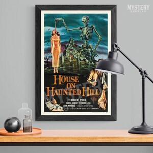 House on Haunted Hill 1959 vintage horror skeleton Vincent Price movie poster reproduction from Mystery Supply Co. @mysterysupplyco