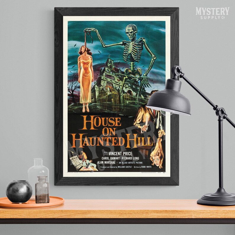 House on Haunted Hill 1959 vintage horror skeleton Vincent Price movie poster reproduction from Mystery Supply Co. @mysterysupplyco